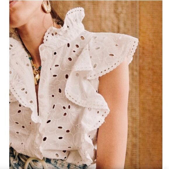 Sezane White Chiara Eyelet Ruffled Cotton Blouse, Size 38 - Picture 2 of 12
